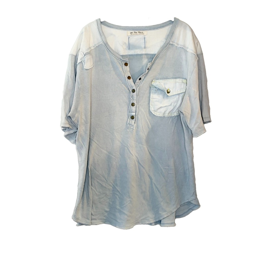 We The Free People L Gene Henley Distressed Snaps Short Sleeve Shirt Raw Hem